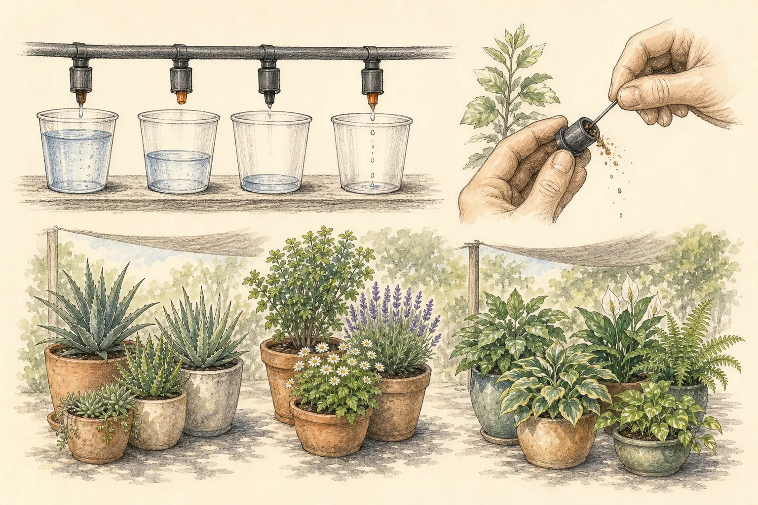 Individual drip emitters are timed into measuring cups, checked at the pot surface, and adjusted after drainage is observed