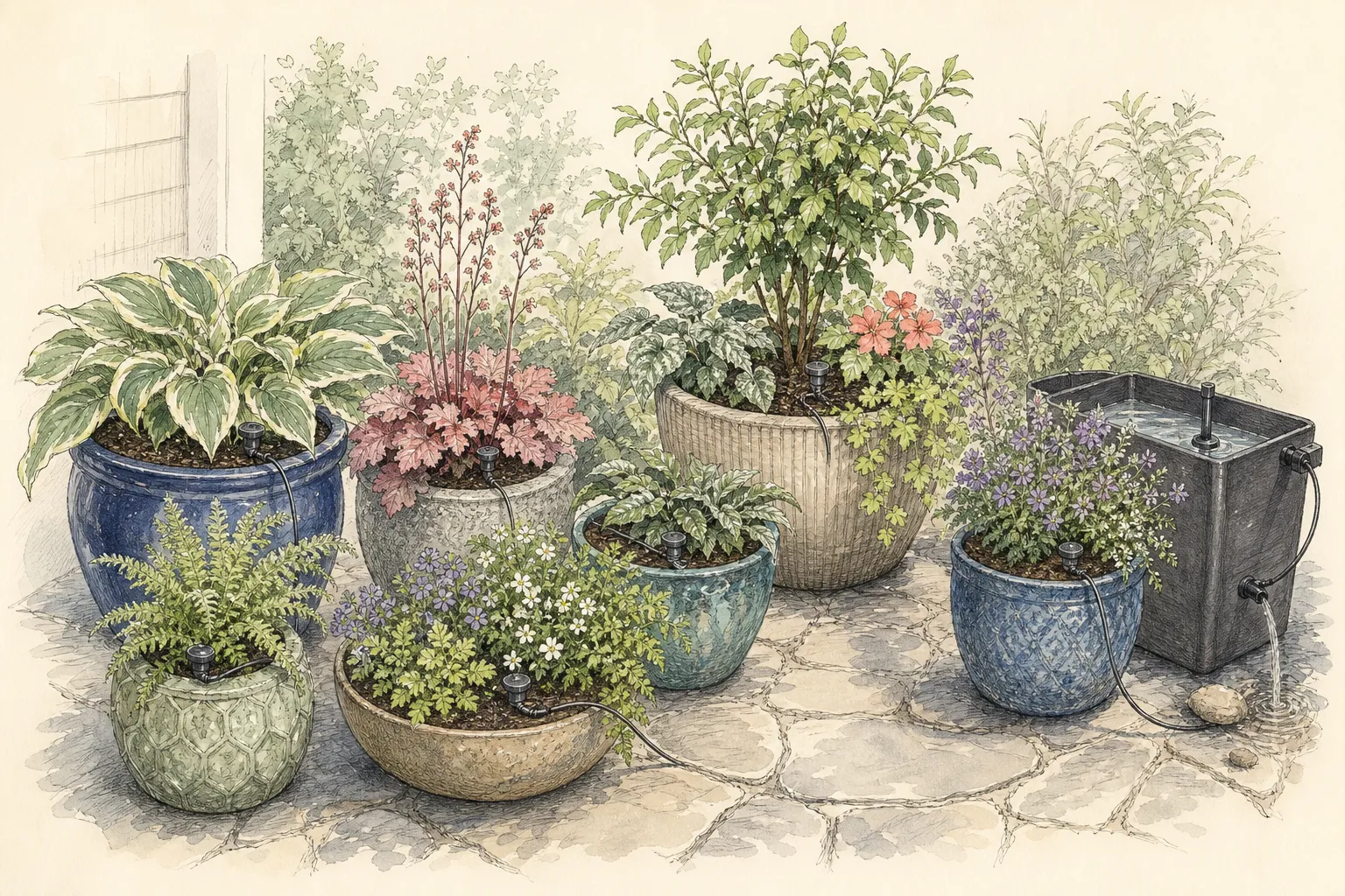Patio containers are grouped into frequent, moderate, and low water-use zones under compatible light with a separate emitter for each pot