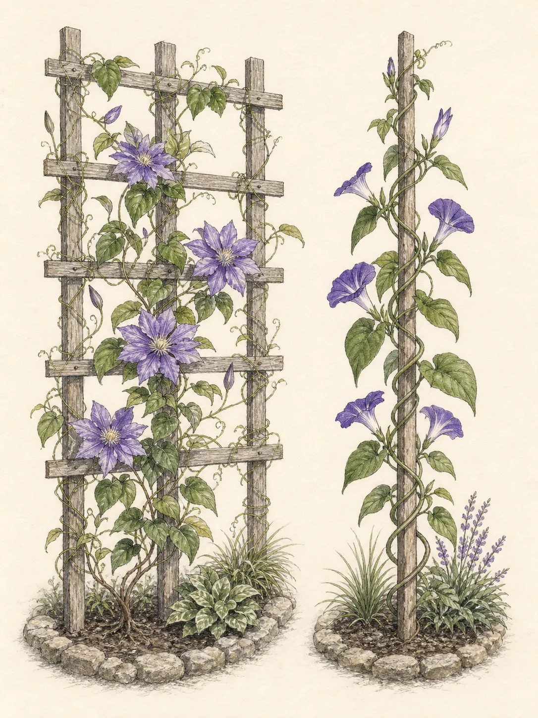 Tendrilled vine on open lattice beside a separate twining stem spiraling around a slender upright