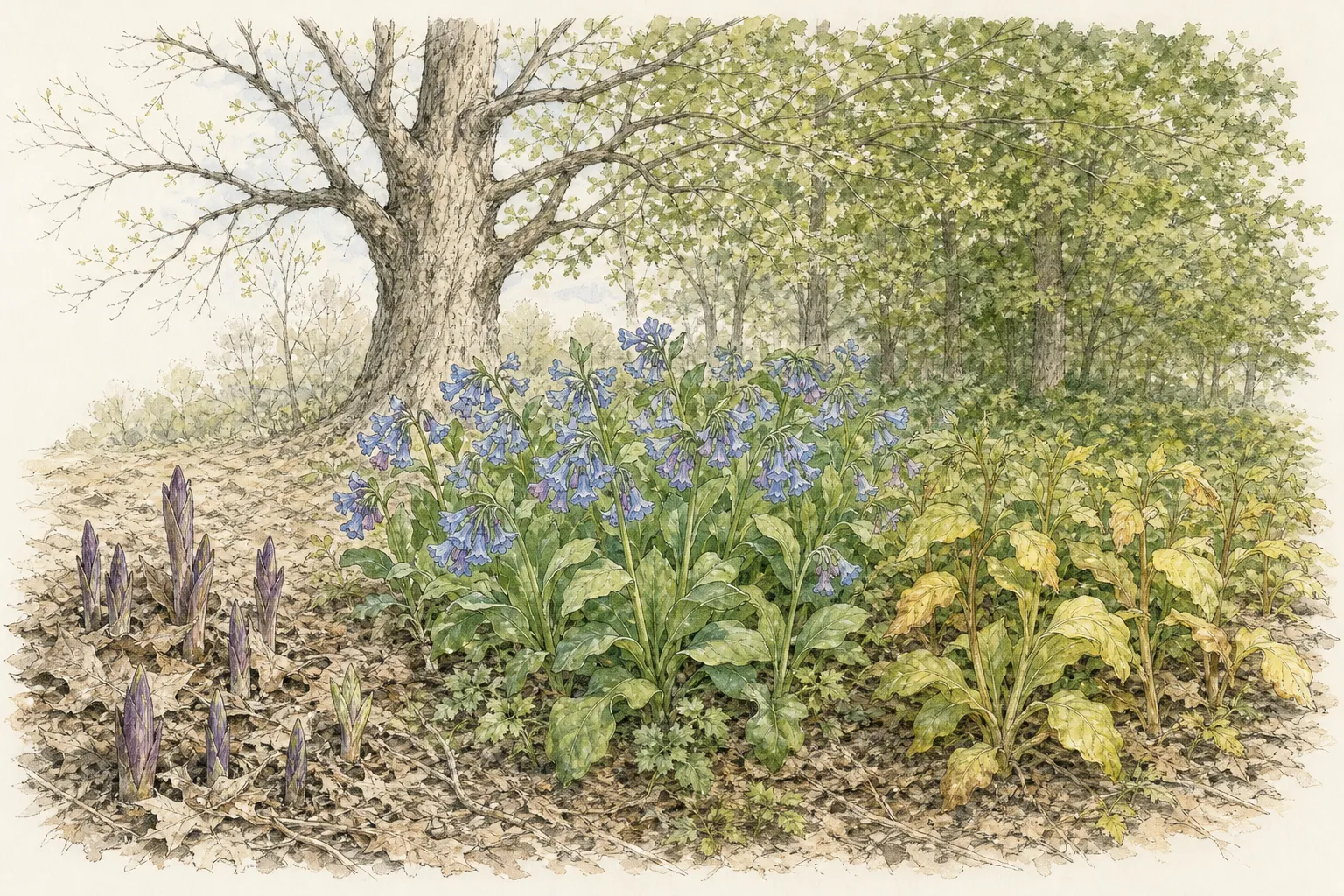 Garden study showing the placement and growth habit of Virginia Bluebells