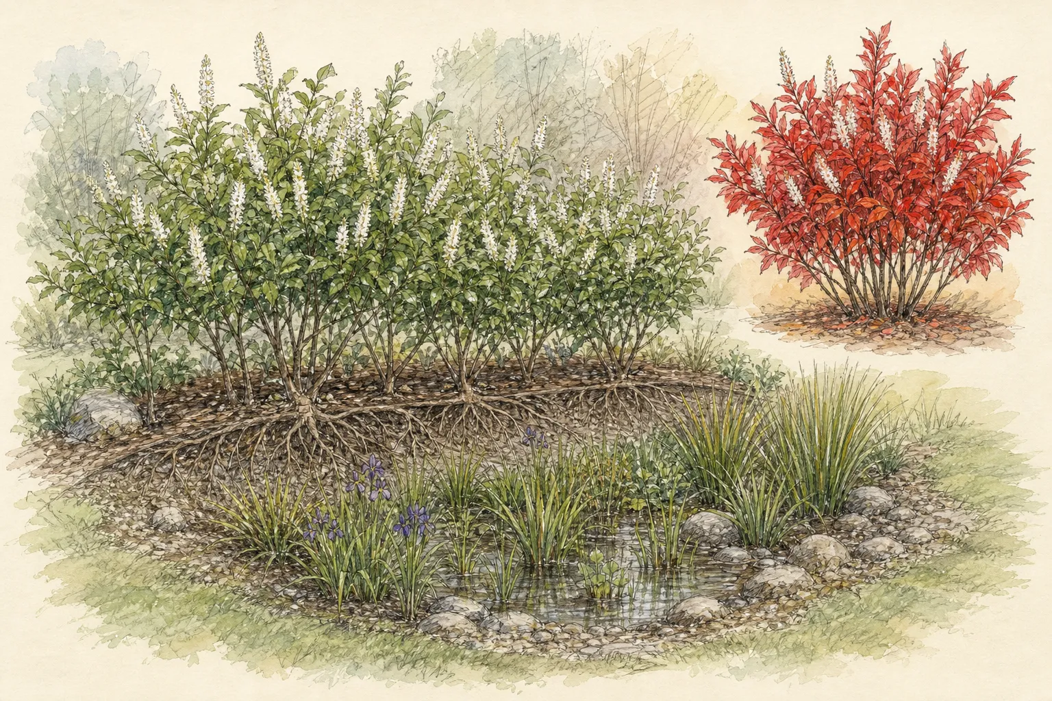 Garden placement study showing mature Virginia Sweetspire in an ornamental planting