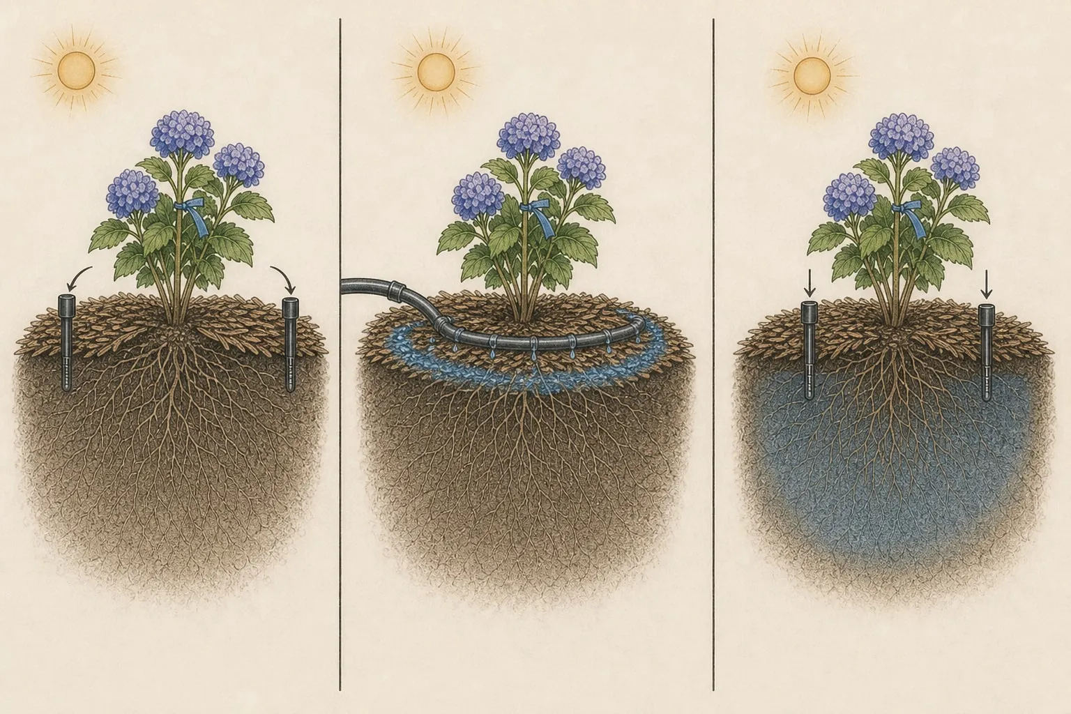 Three-panel hydrangea root-zone sequence checking below mulch, applying a slow broad ring of water, and probing the wetted soil after a pause
