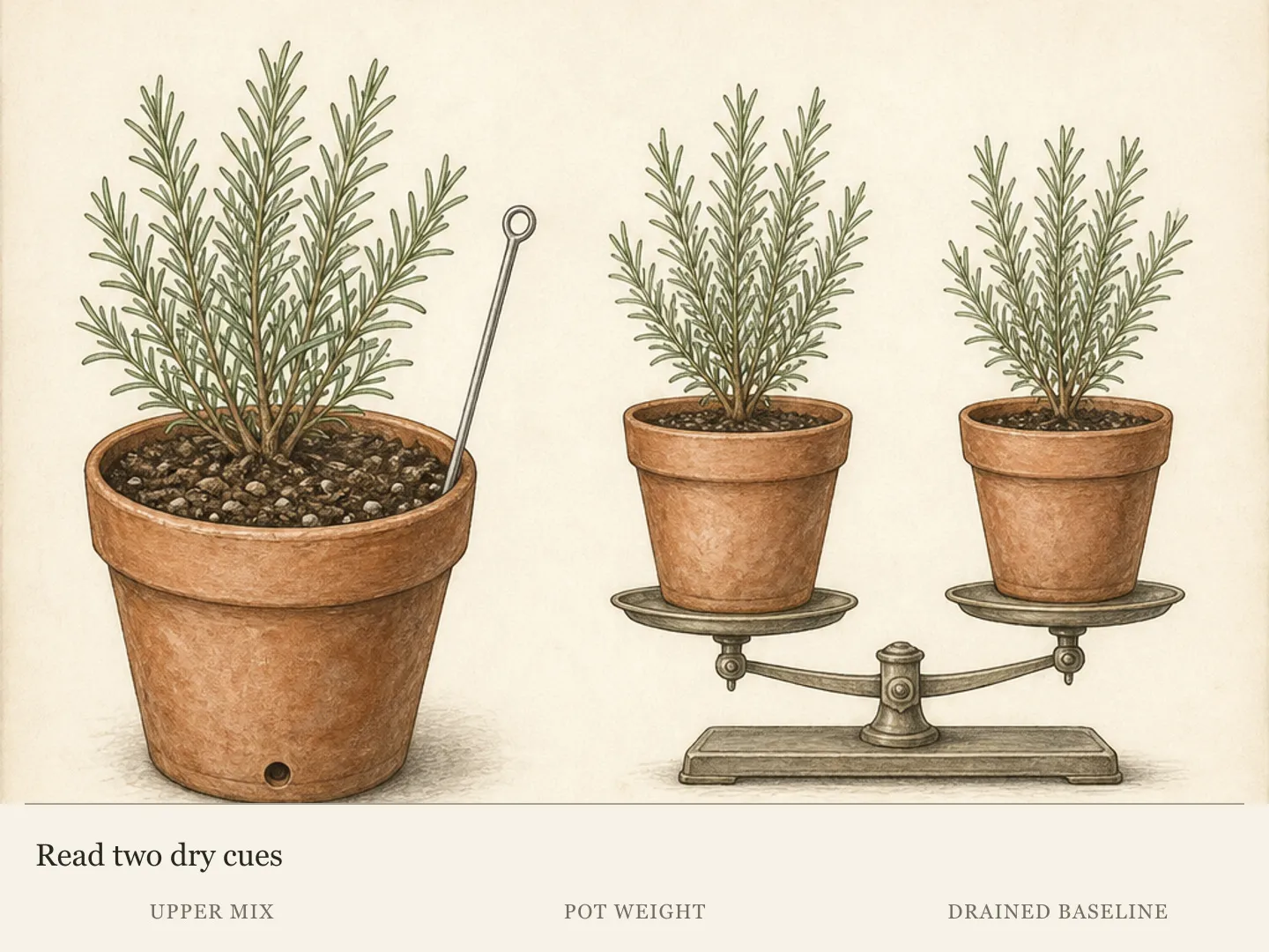 Rosemary in a terracotta pot with a depth probe and paired pot-weight comparison used to check dryness
