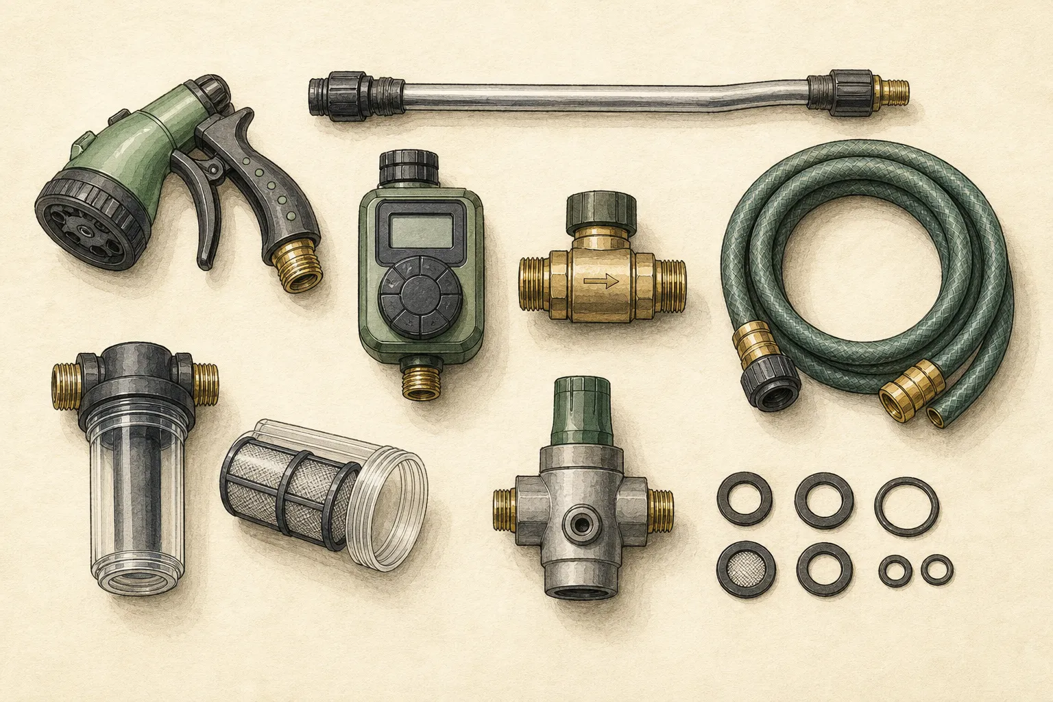 A laid-out winter watering kit with hose ends open, a nozzle hung tip-down, a watering wand drained, and removable drip components labeled and stored dry indoors