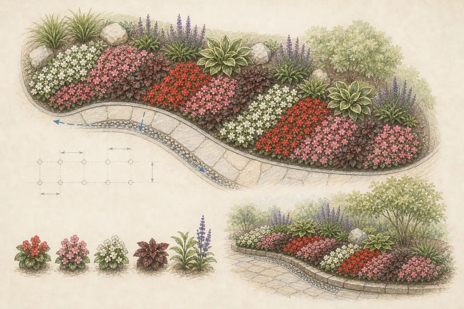 Bedding plan of wax begonias in repeated foliage and flower groups beside a path with measured spacing