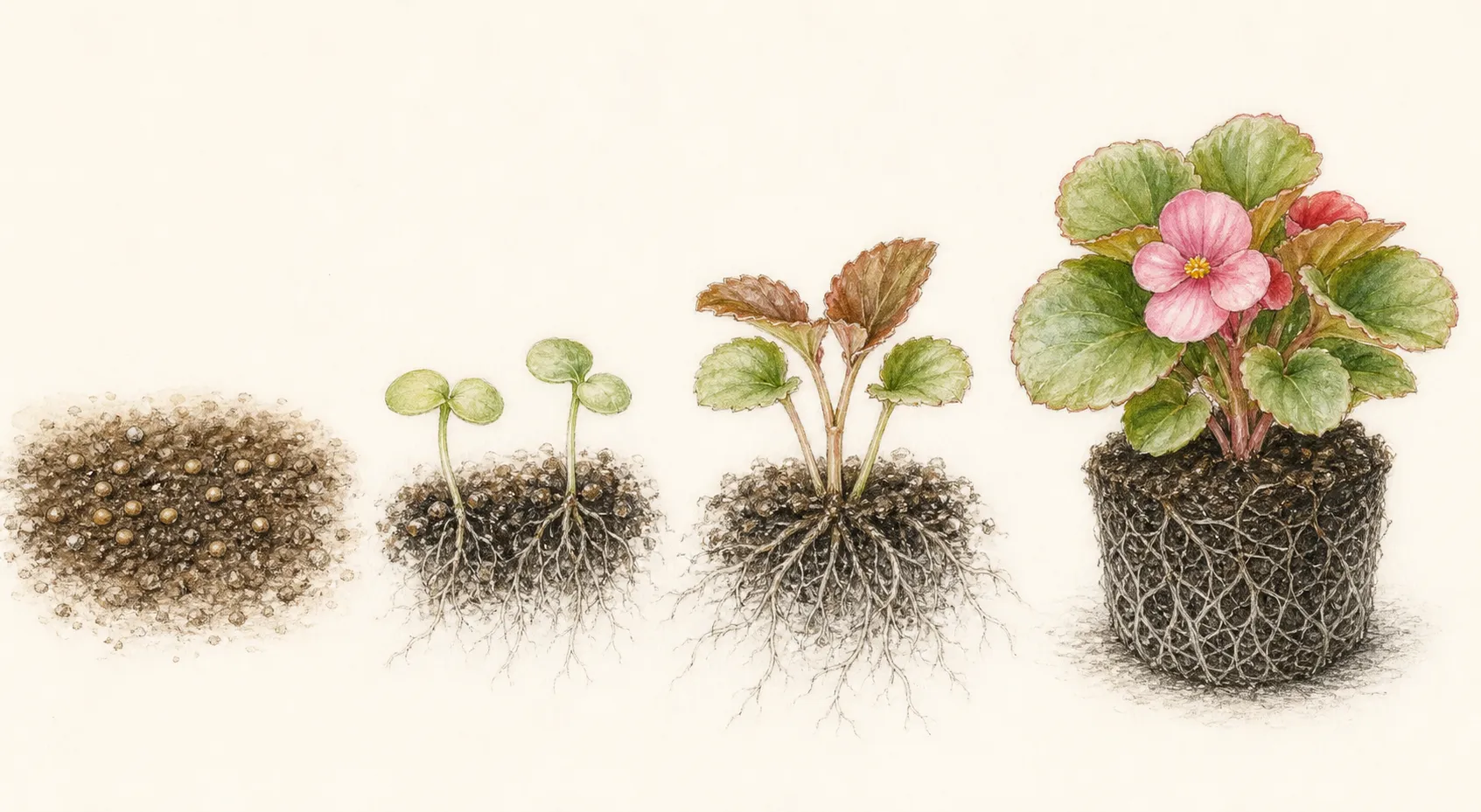 Wax begonia sequence from surface-sown fine seed through cotyledons, true leaves, and compact transplant