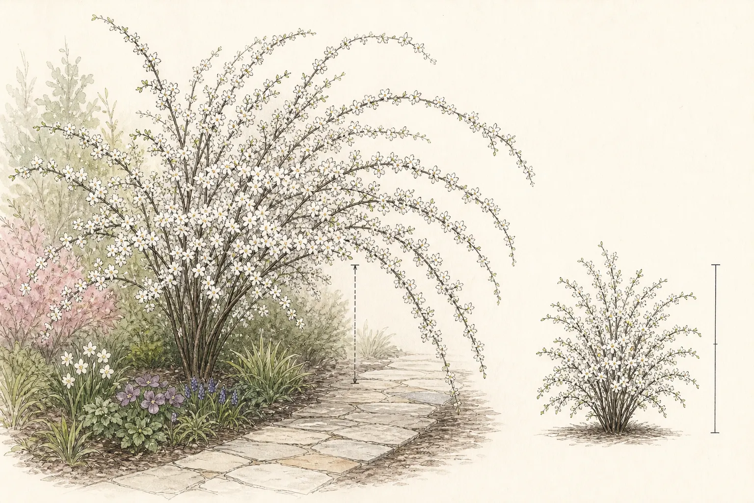 Garden study showing the placement and growth habit of Weigela