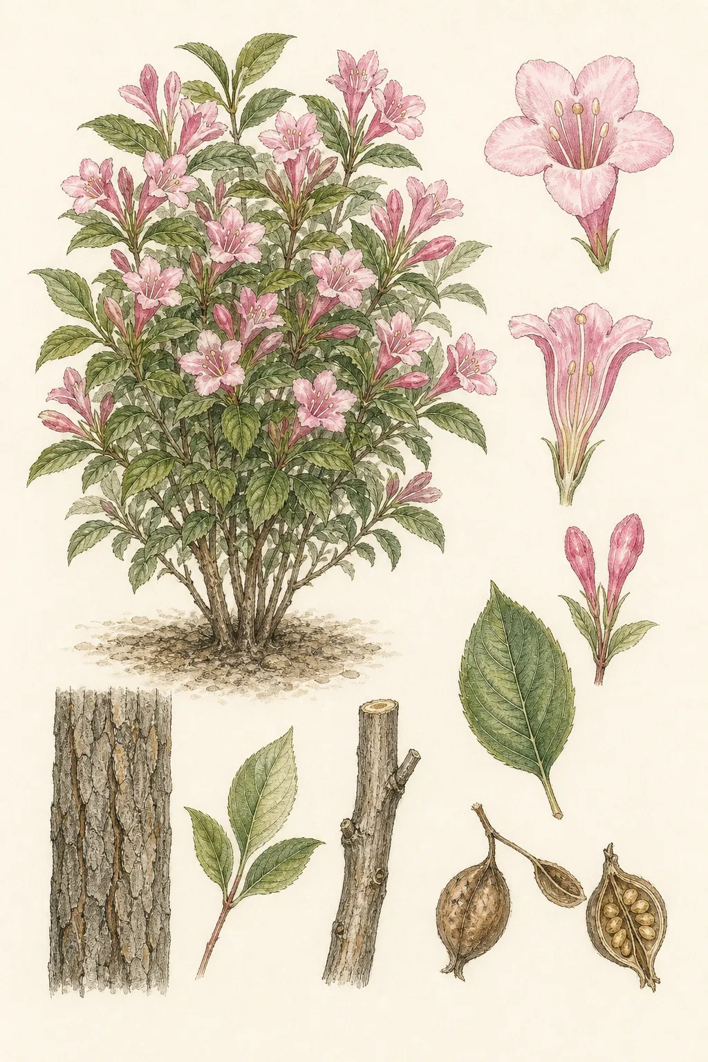 Botanical identification plate of Weigela, Weigela florida
