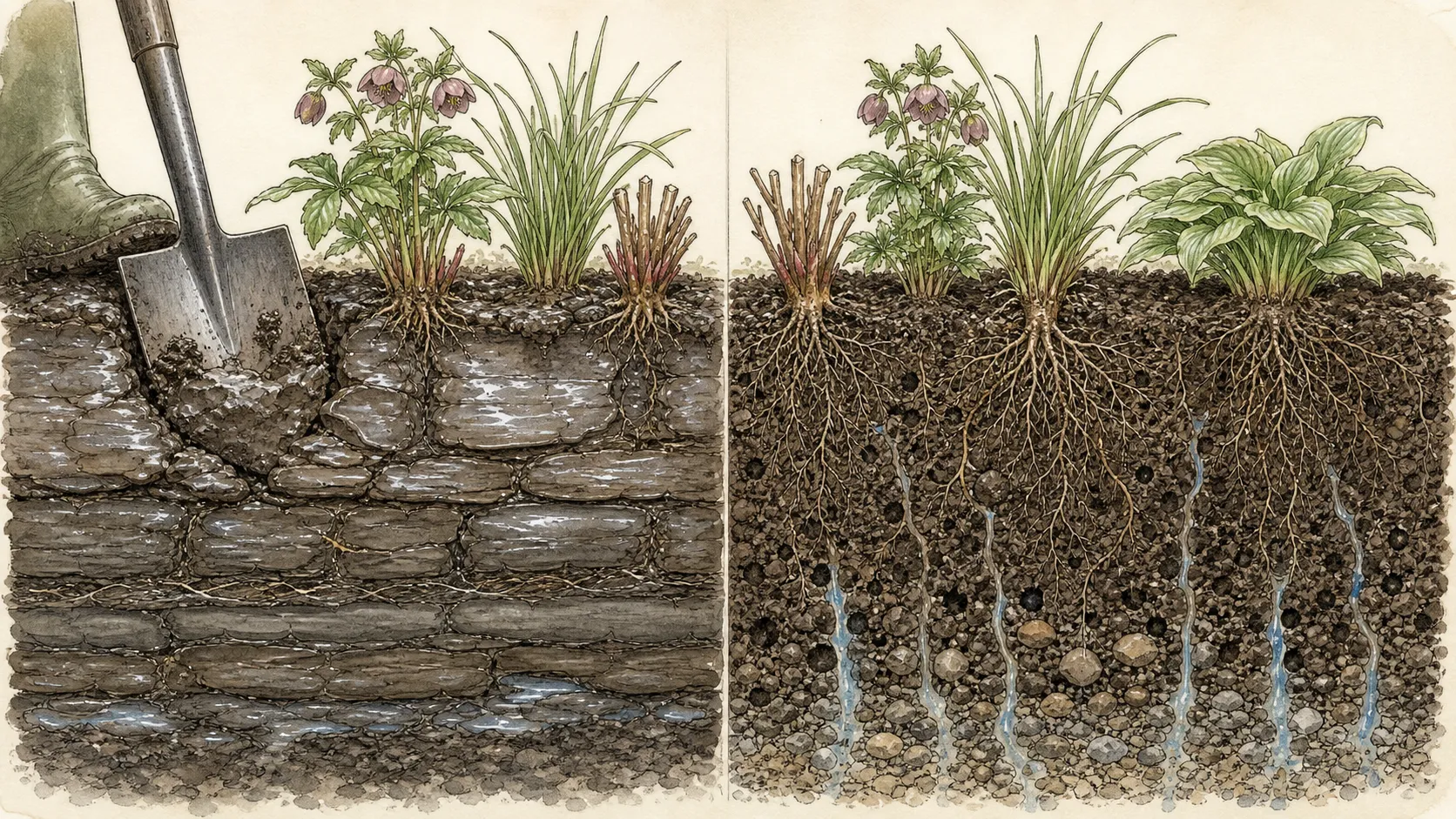 Split soil section showing spade-compressed saturated clods beside porous aggregated soil around perennial roots
