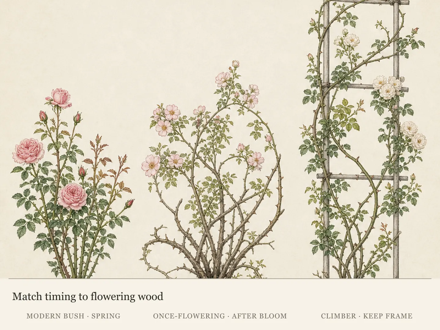 Three rose habits showing a compact modern bush, a mature arching once-flowering shrub and a climber trained on a support