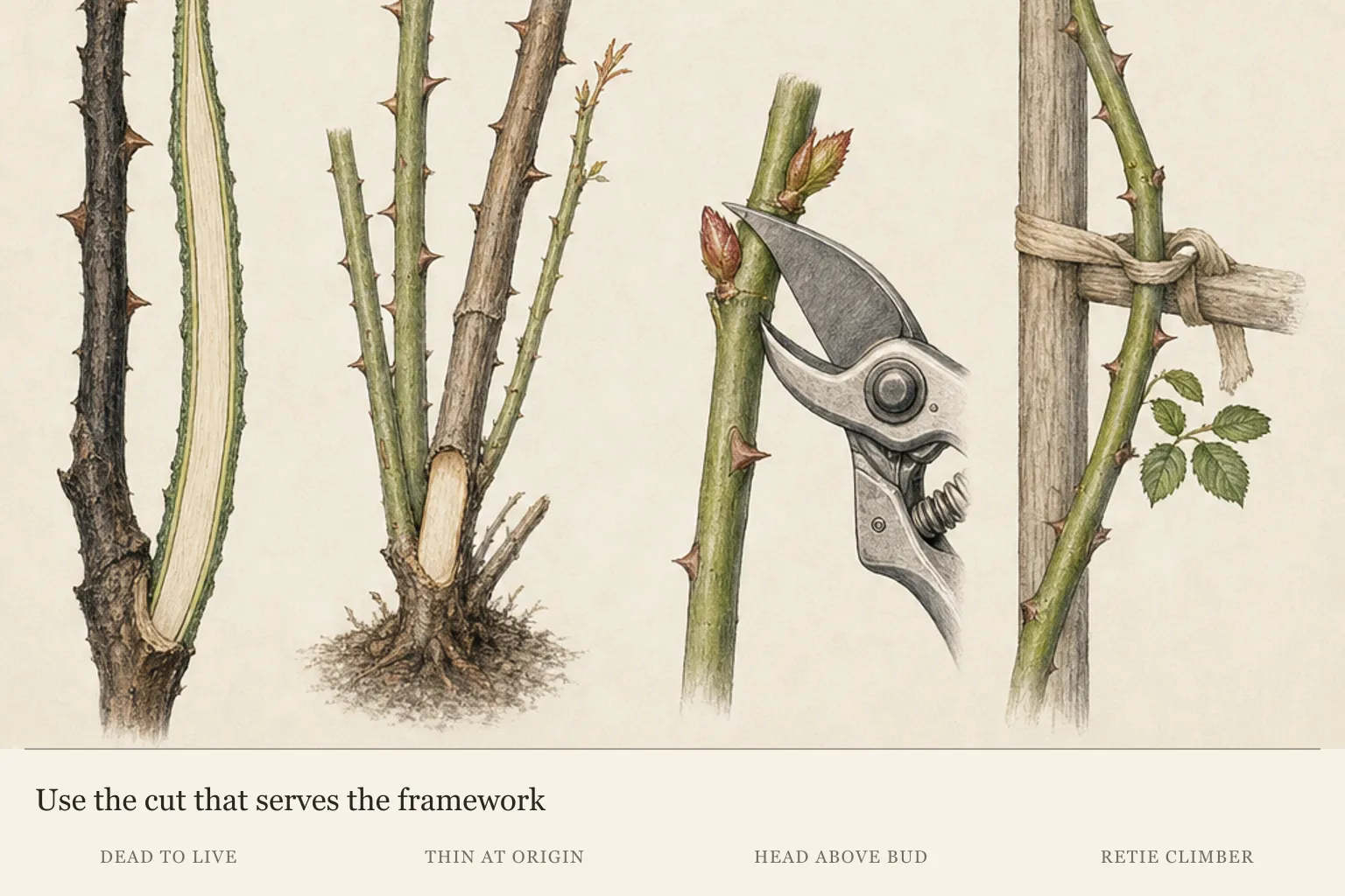 Rose cane studies showing dead-to-live tissue, a thinning cut, a heading cut above a living bud and a loosely tied climbing cane