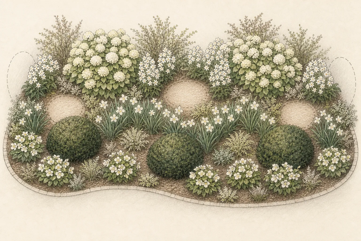 An overhead white garden plan sets evergreen yew mounds, hellebore drifts, narcissus ribbons, hydrangea anchors, and summer phlox repeats into a measured border