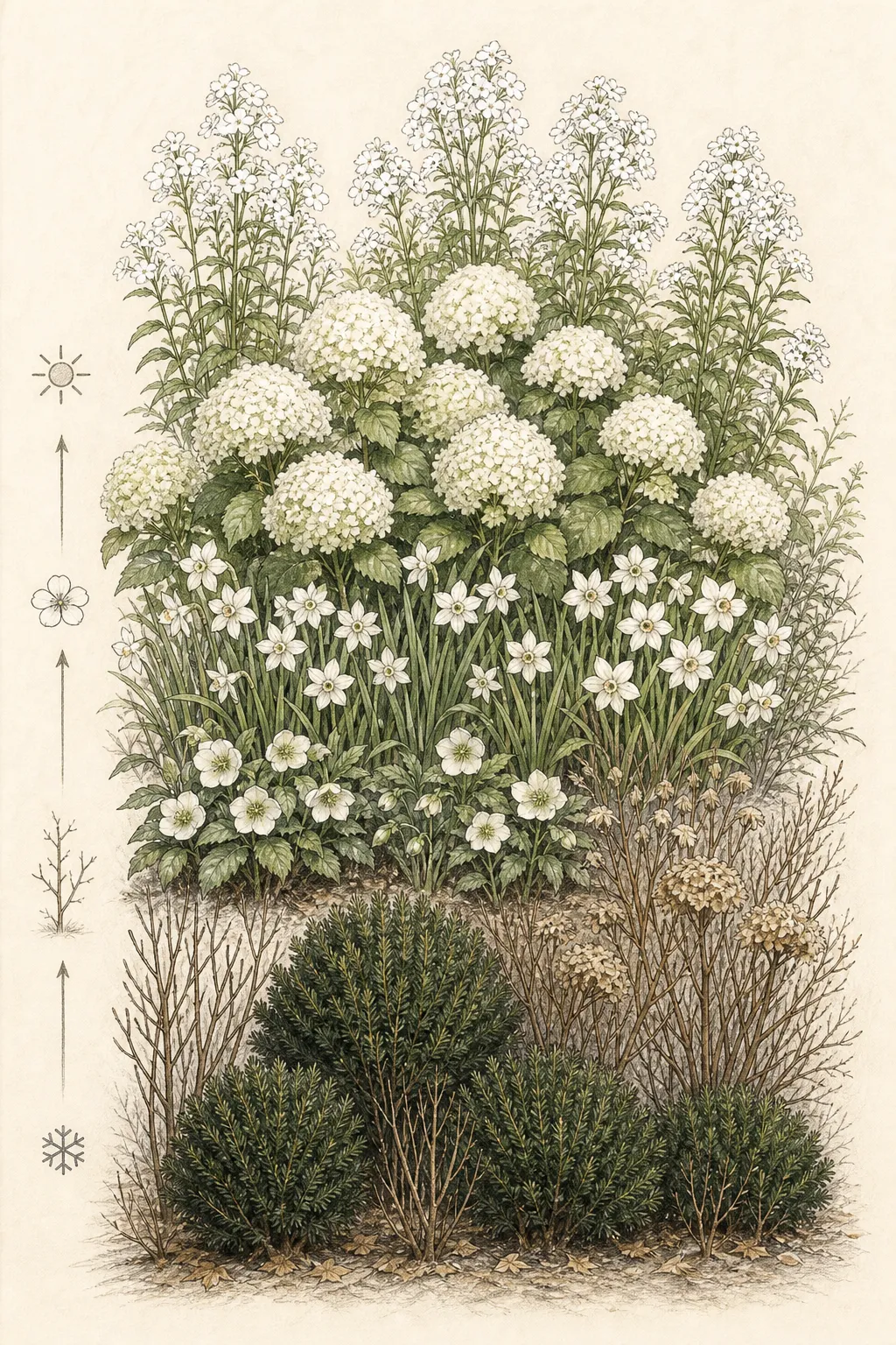 A seasonal elevation shows yew mounds and hydrangea framework in winter, hellebores and narcissus in spring, and white hydrangea and phlox in summer