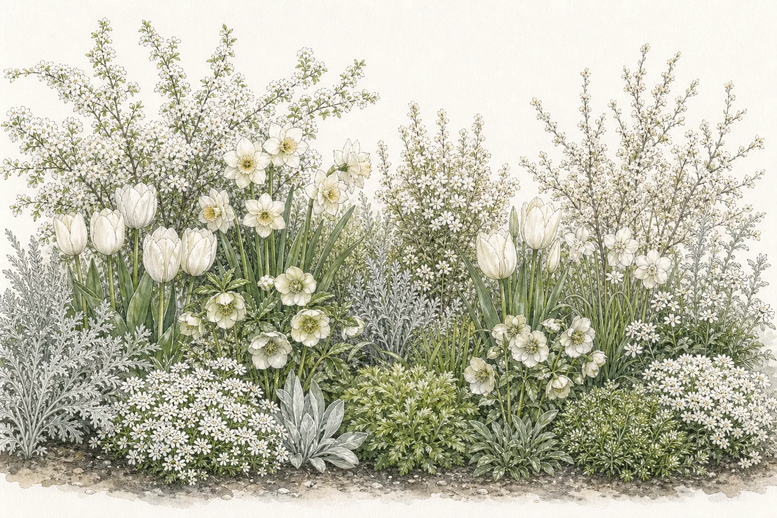 Border elevation layering white tulips, daffodils, hellebores, candytuft, pale shrubs, silver foliage and emerging green perennials