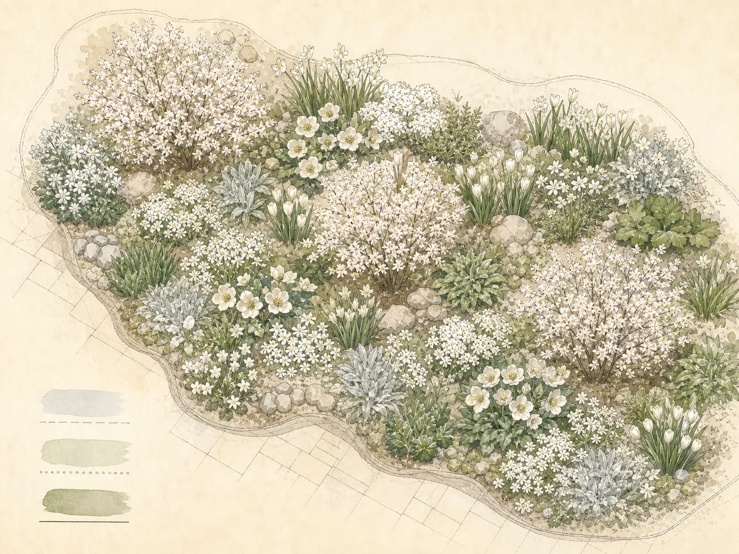 Overhead plan showing repeated white bulb drifts, hellebores, candytuft, silver foliage, later perennials and three pale shrubs