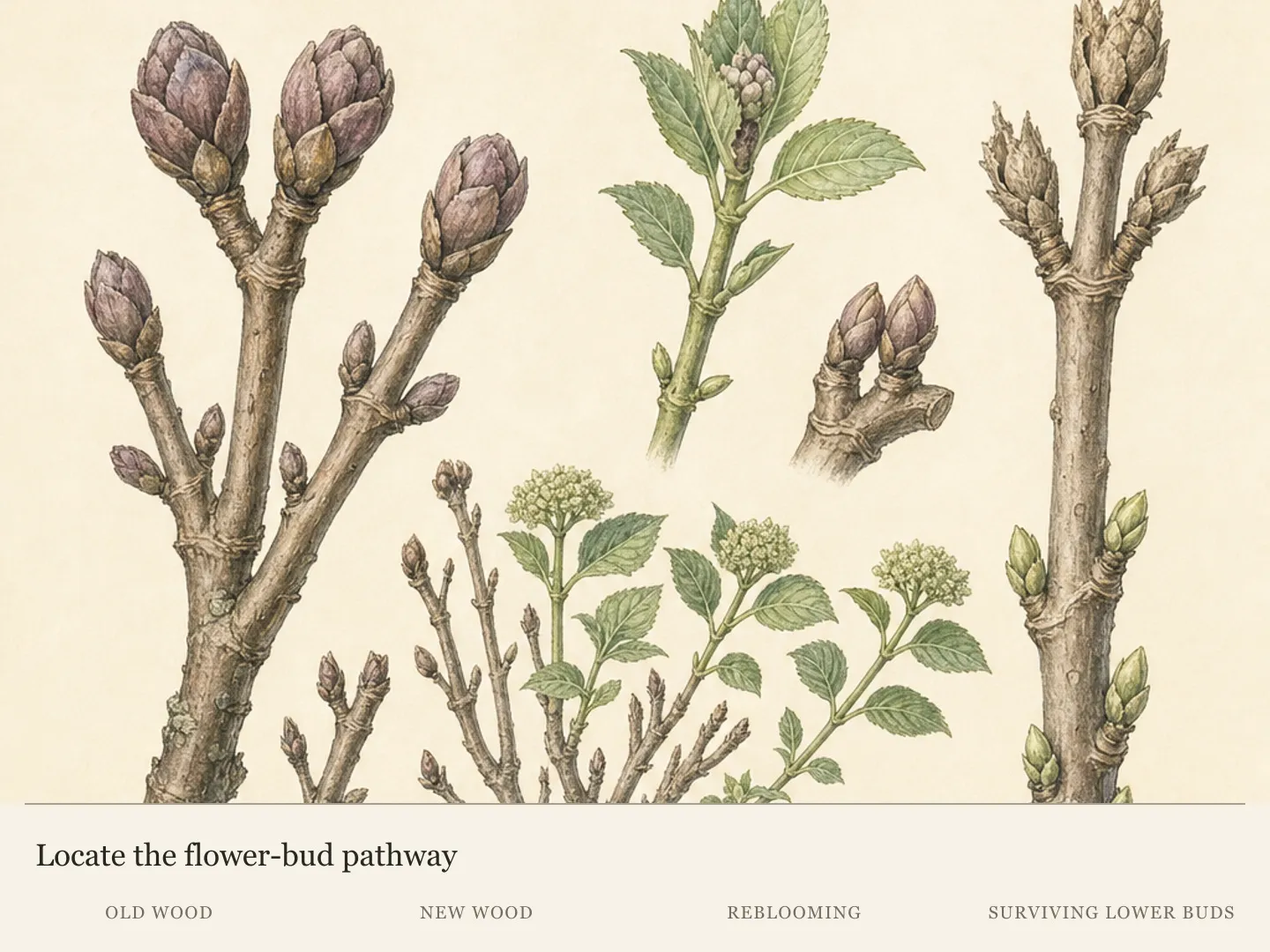 Hydrangea stem studies comparing old-wood terminal buds, current-season shoots and winter-damaged upper buds with surviving lower buds