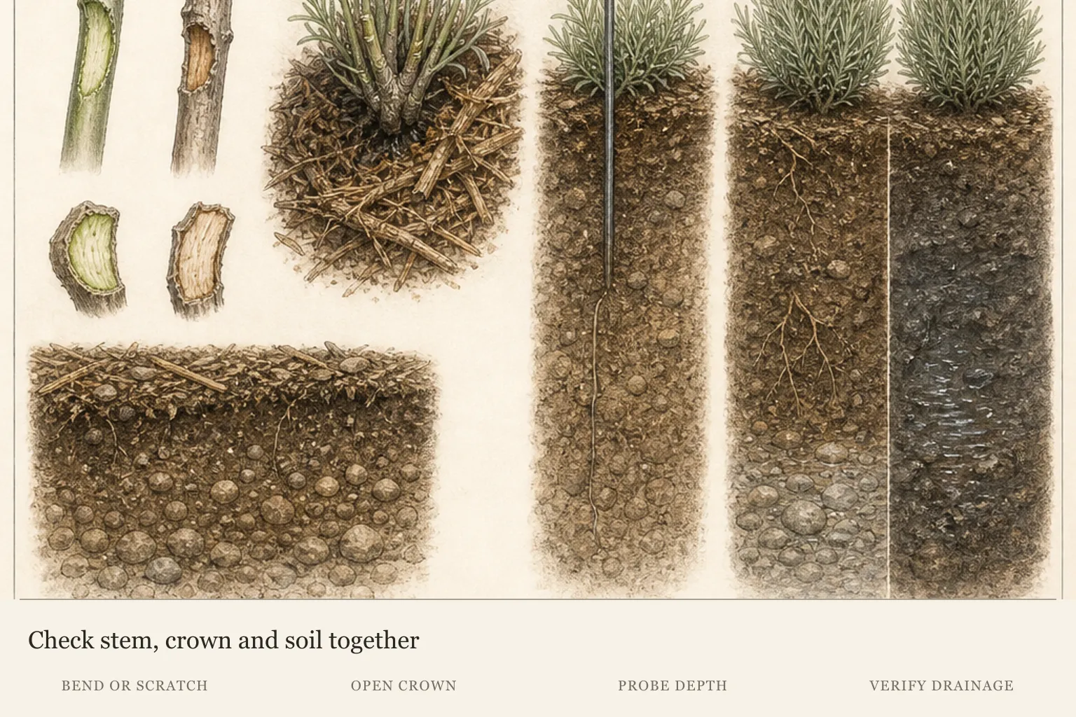 Lavender checks comparing flexible green and brittle dead stems, an open crown, root-zone probing and free or saturated drainage