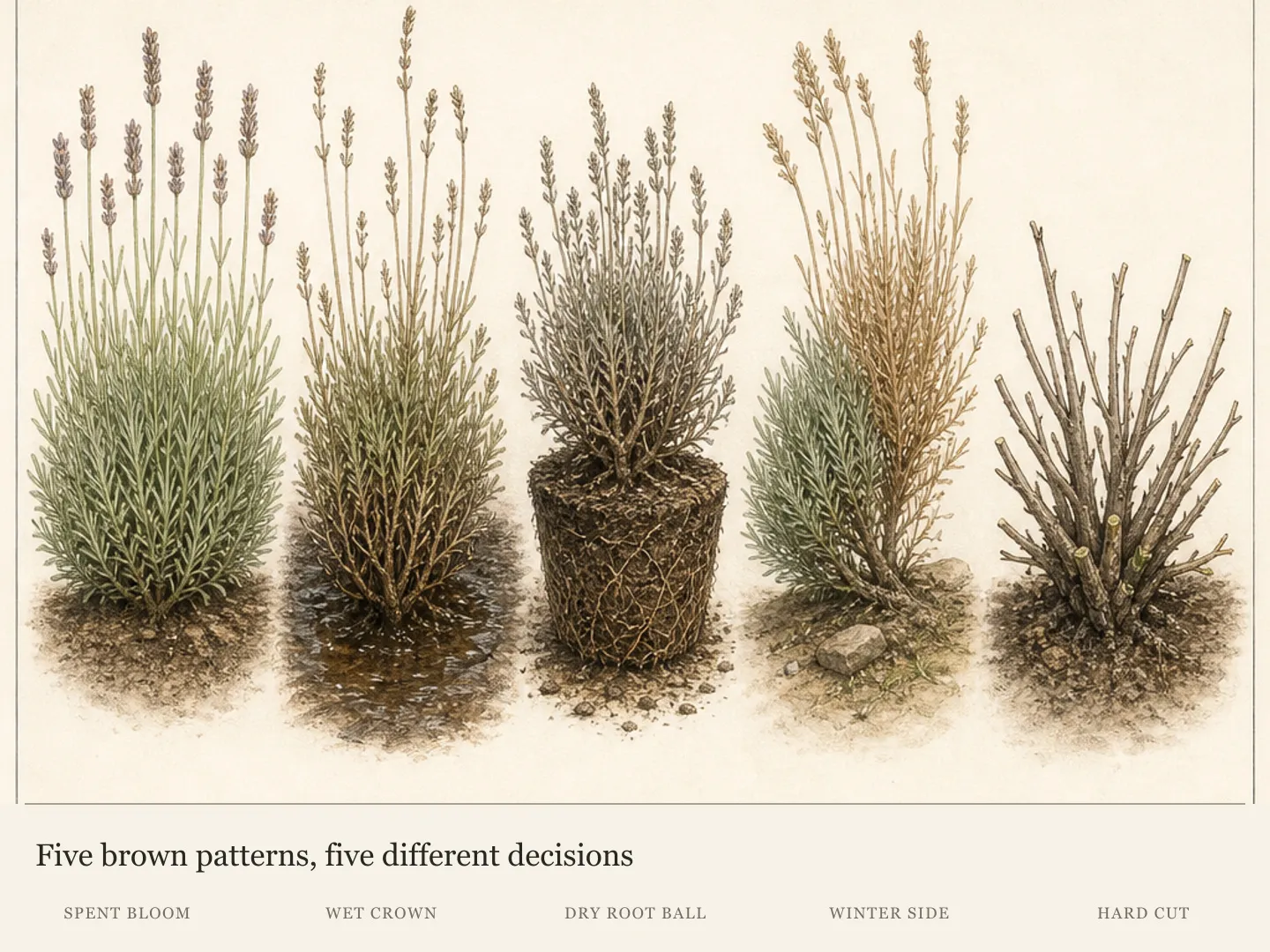 Five English lavender studies showing spent bloom, a wet crown, a dry root ball, one-sided winter injury and old-wood pruning damage