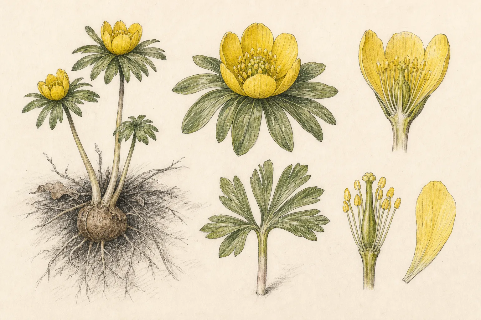 Botanical plate of winter aconite showing the tuber, divided leaves, green bracts, and yellow cup-shaped flower