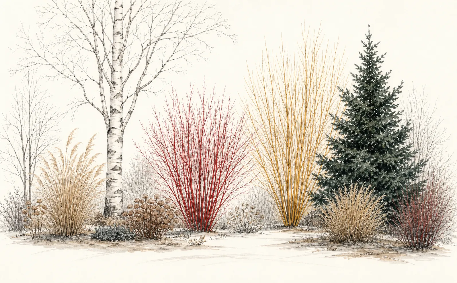 Small winter border with pale birch bark, red dogwood stems, amber willow, dark evergreens, grasses, and clear ground