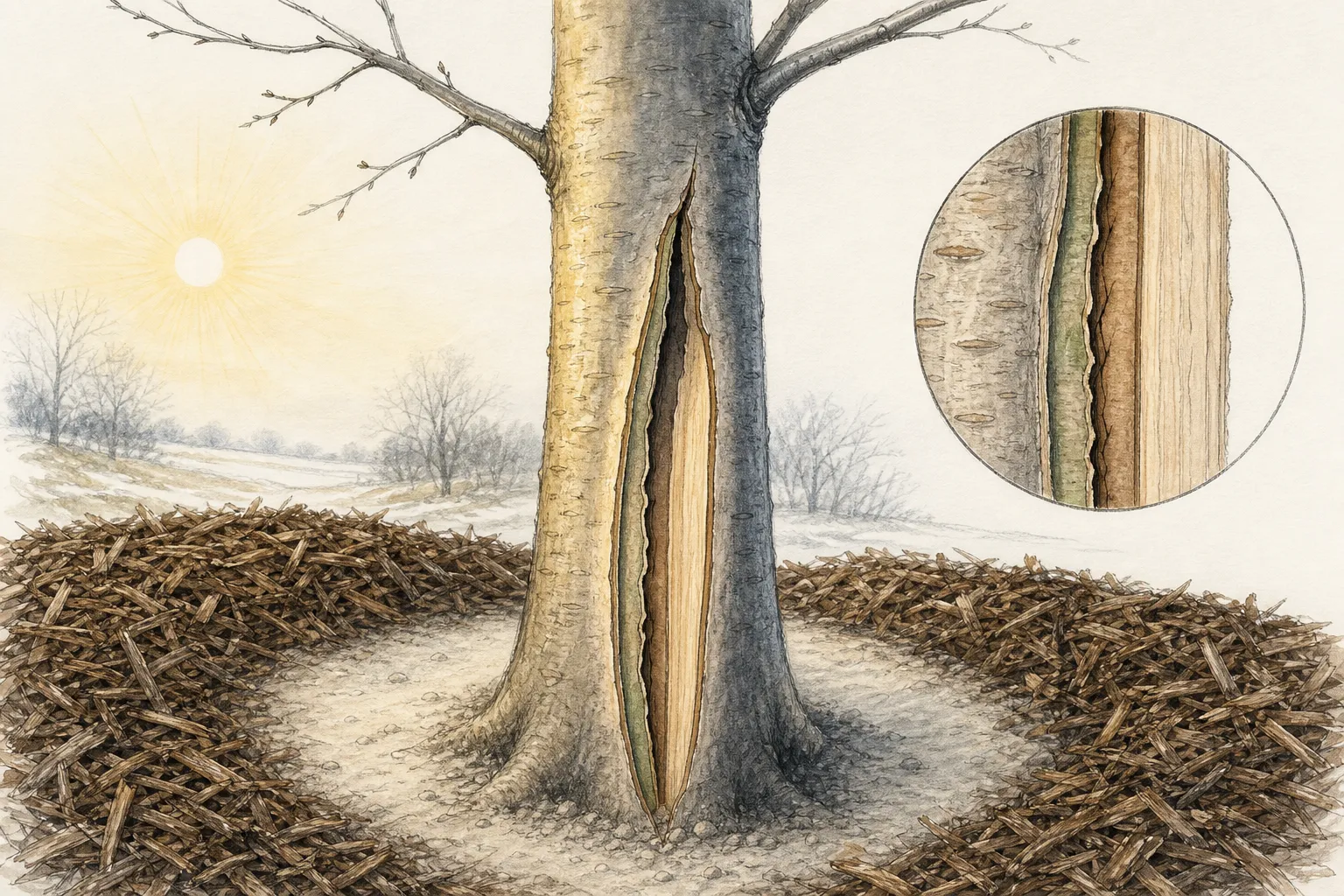 Cross-section of an ornamental tree trunk showing bark, cambium, sapwood, a crack, callus margins, and a breathable guard set away from bark