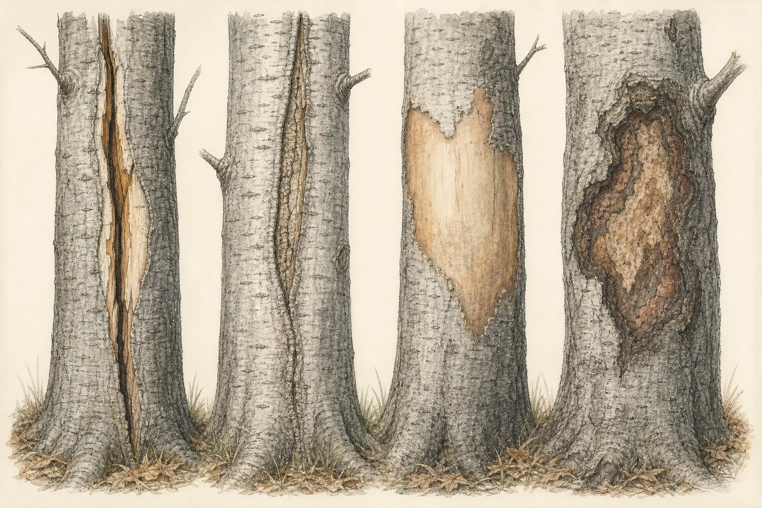 Botanical diagnostic plate comparing a vertical frost crack, southwest bark injury, animal gnawing, a canker margin, and included bark