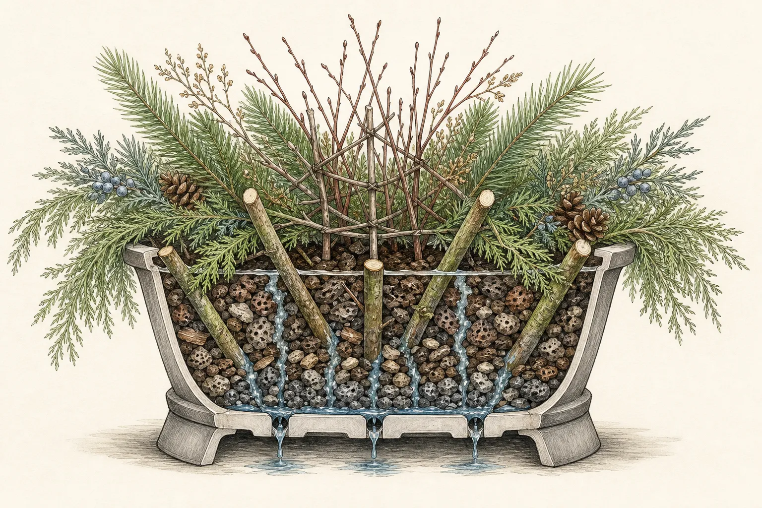 Cutaway of a winter container showing drainage, open medium, anchored evergreen stems, and a central twig framework
