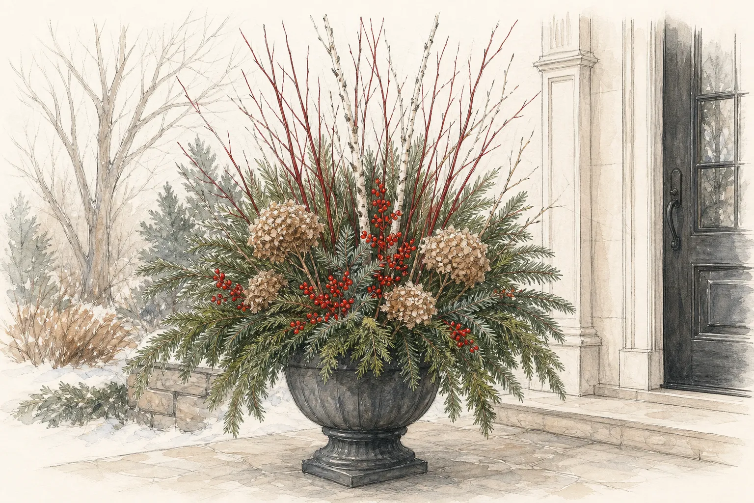 Winter entry container with evergreen boughs, red twigs, pale branches, dried flower heads, and a restrained cluster of winterberry
