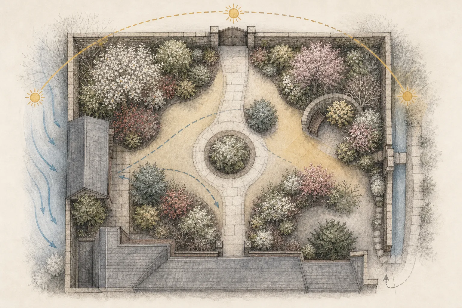 Courtyard plan showing walls, path, winter sun, sheltered pocket, cold-air drain, roof runoff, access, and mature shrub outlines