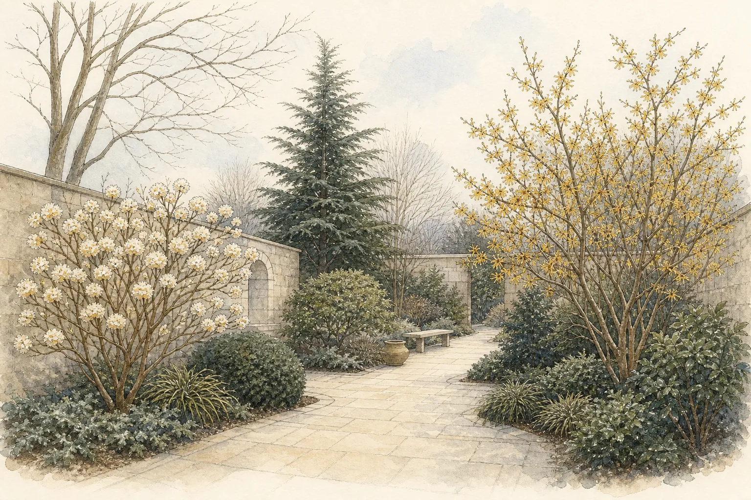 Sheltered winter courtyard with one flowering shrub, witch hazel, evergreens, pale paving, and open circulation