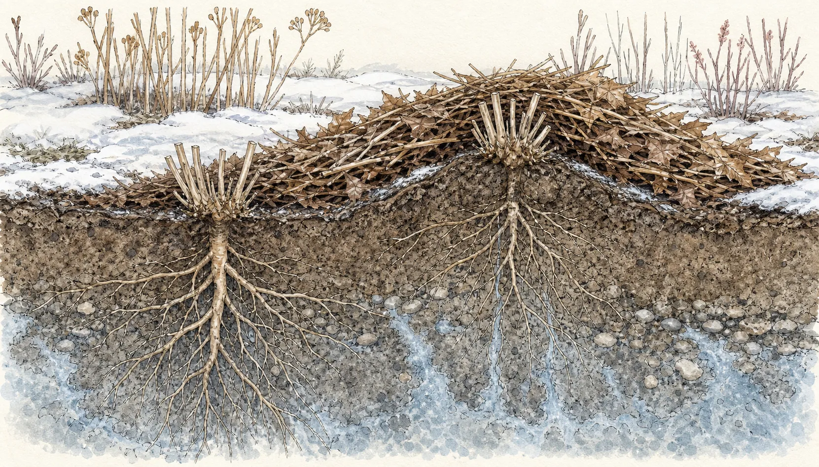 Soil cutaway showing a correctly placed perennial crown, a frost-heaved crown, loose winter mulch, drainage, and the refreezing zone