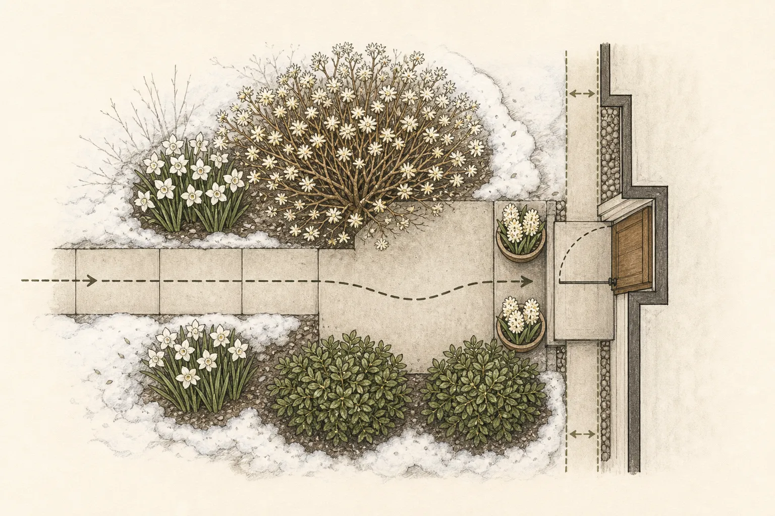 An overhead winter entry plan shows the cleared walk, one paperbush pause, two fragrant sweet box masses, and bulb pots positioned near the door swing