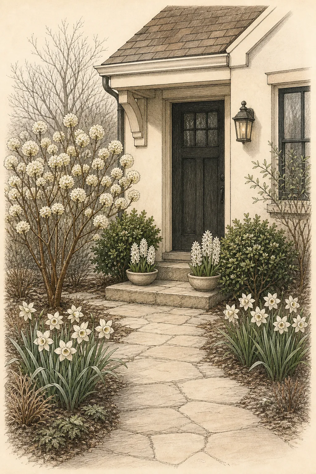 A sheltered entry elevation layers paperbush, fragrant sweet box, white narcissus, and white hyacinths beside a cleared winter step