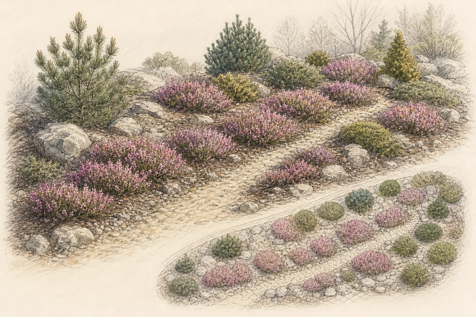 Drawn rock-garden slope with winter heath drifts, dwarf conifers and visible free-draining routes