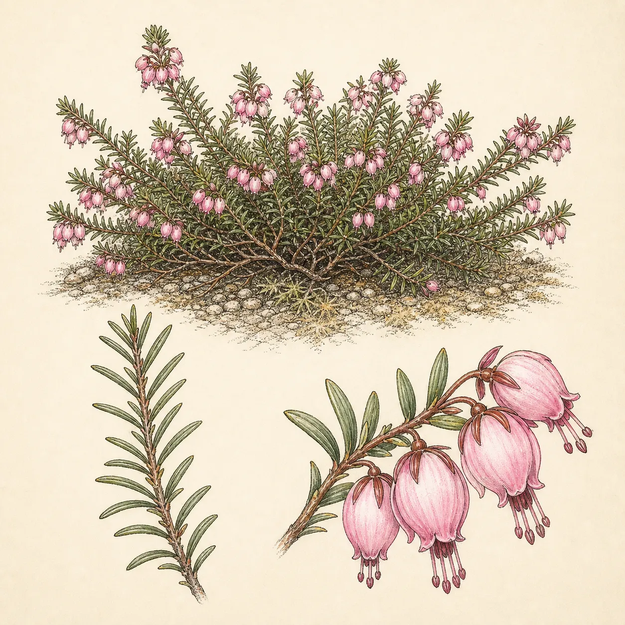 Winter heath plate showing a spreading evergreen mat, fine whorled leaves and pink urn-shaped flowers