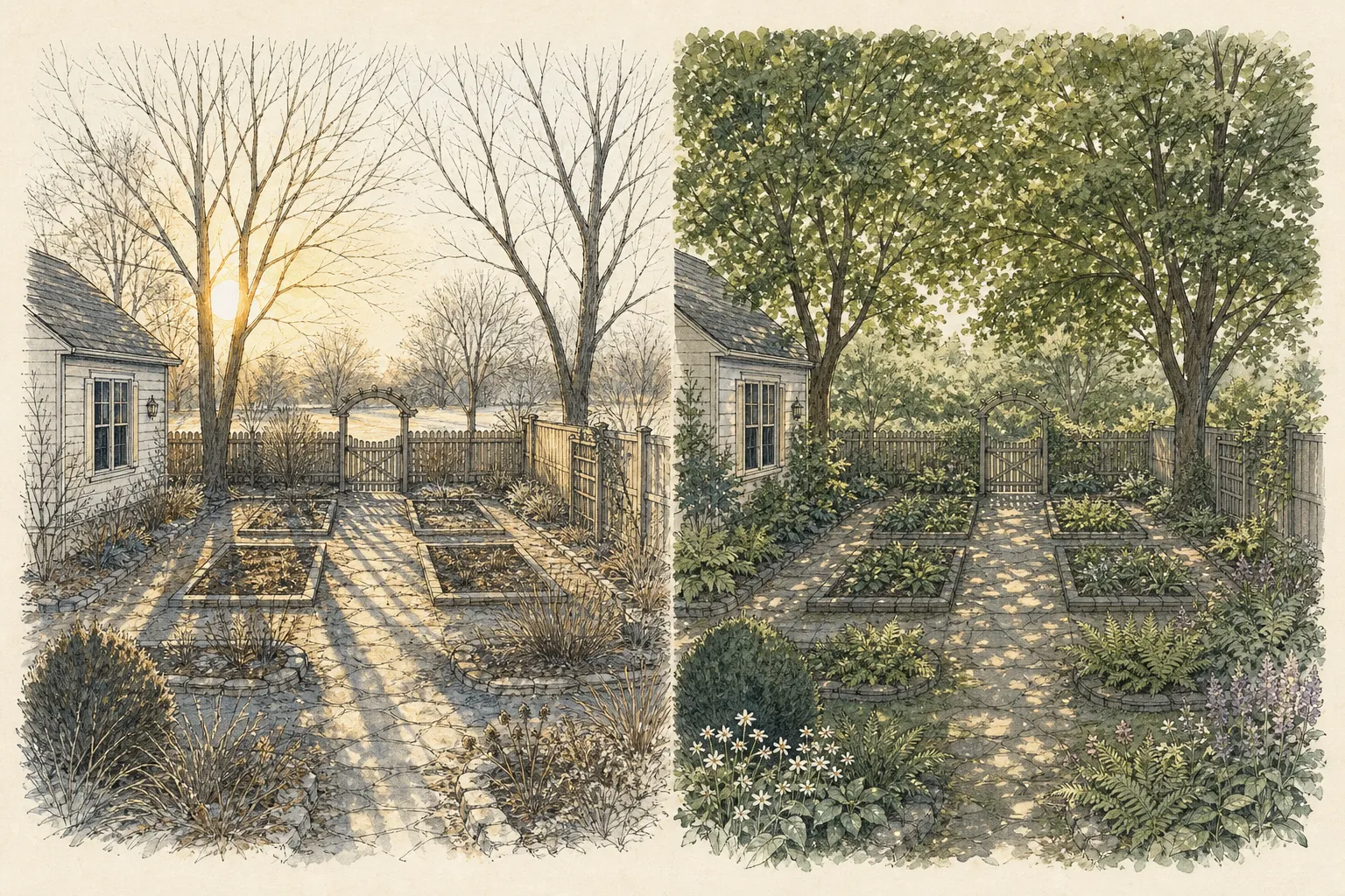 Seasonal comparison showing the same garden bright in winter under bare trees and significantly shadier after leaf-out when the canopy fills