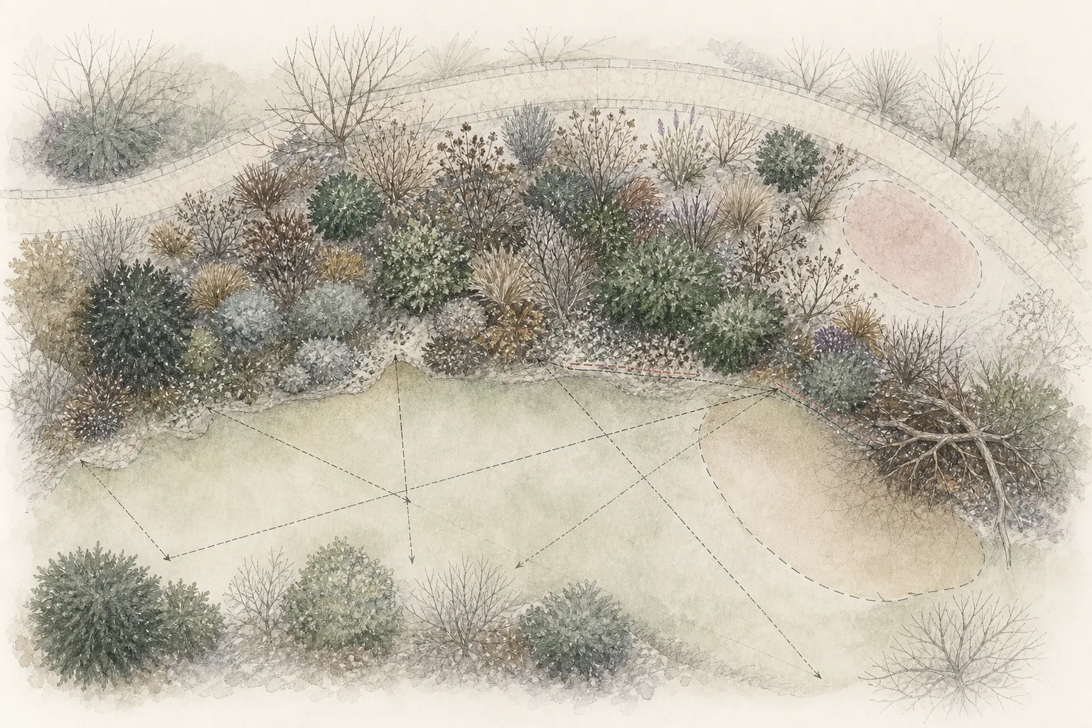 Winter perennial border audit plan marking paths, woody anchors, standing stems, gaps, drainage, access, and key views