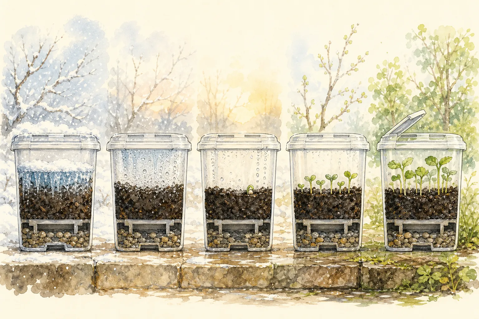 Cross-section of a winter-sowing jug showing open top, air exchange, rainfall, snow, moist medium, seed depth, and bottom drainage