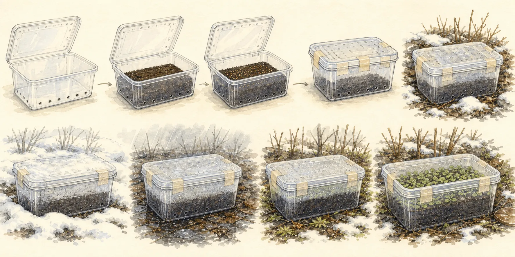 Step sequence for cutting, draining, filling, labeling, sowing, taping, and outdoor placement of a winter-sowing jug