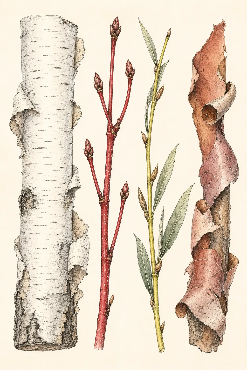Comparative botanical plate of white birch bark, red dogwood twig, yellow-green willow twig, and curling paperbark maple bark