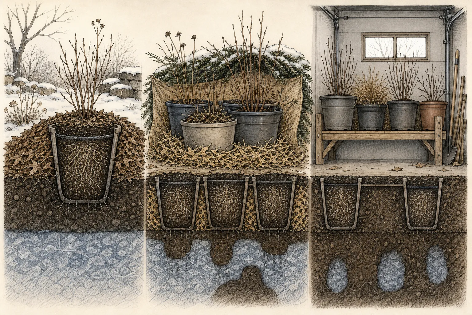 Cutaway comparison of buried pots, grouped outdoor containers, and an unheated garage shelf with markers showing where root balls stay frozen, where they thaw, and where moisture should be checked