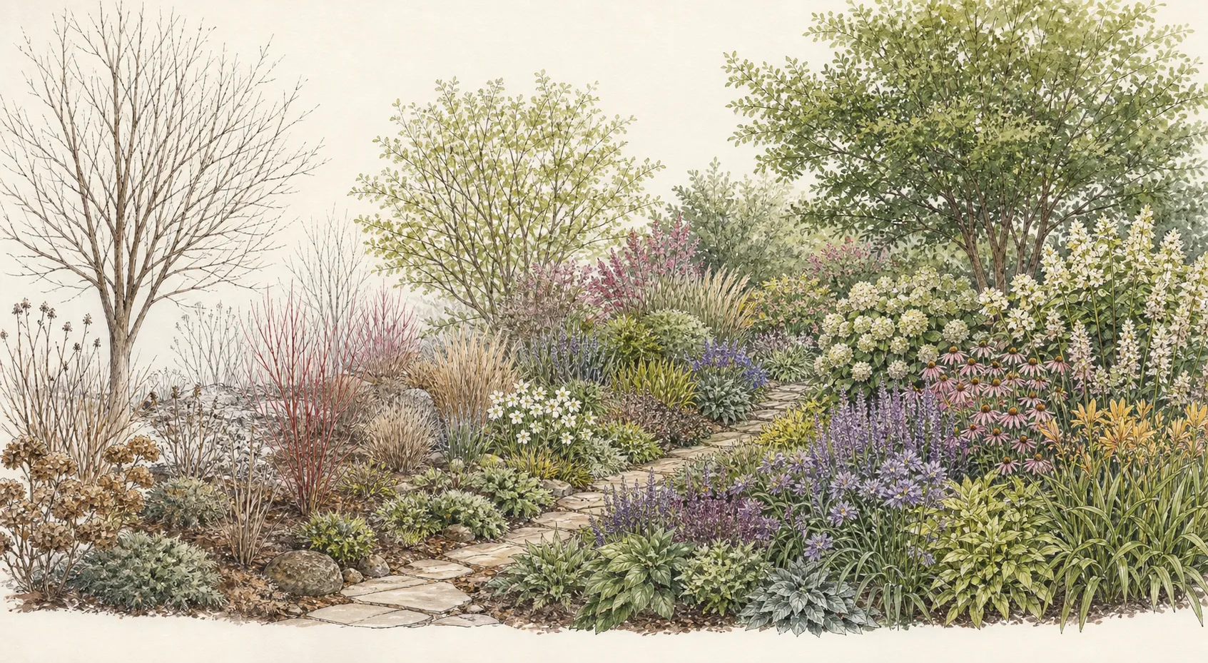 Matched elevation of the same perennial border in winter and summer showing persistent anchors beneath seasonal flowers