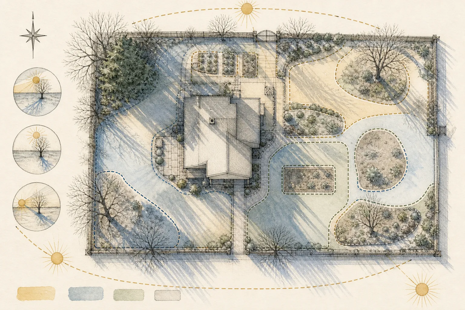 Overhead winter garden map showing a house, bare deciduous trees, long shadows, open winter sun zones, and candidate beds with different levels of winter light