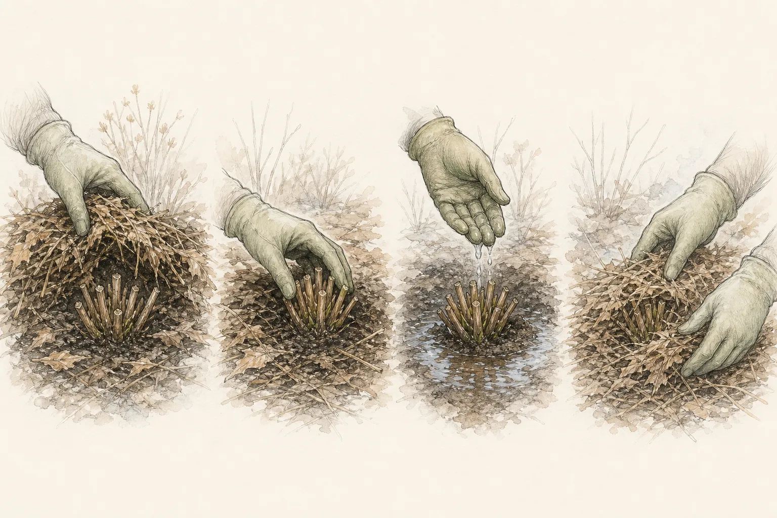 Gloved hands lifting matted mulch, checking a perennial crown and drainage, then replacing loose material after water clears