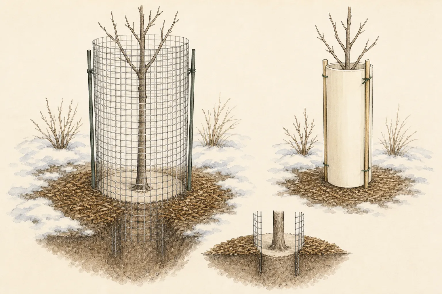 Construction detail of a breathable wire-mesh guard standing away from a young ornamental trunk, anchored independently and extending above expected snow