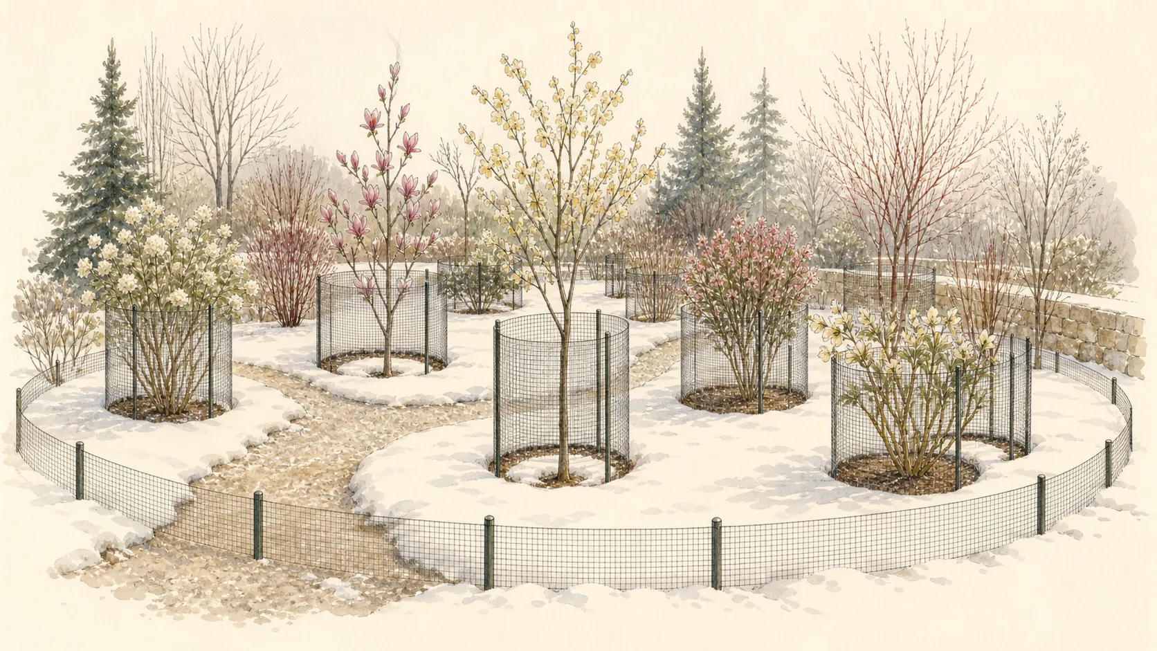 Young ornamental tree in a winter border with a discreet ventilated trunk guard, clear mulch ring, open gate, and no branches trapped