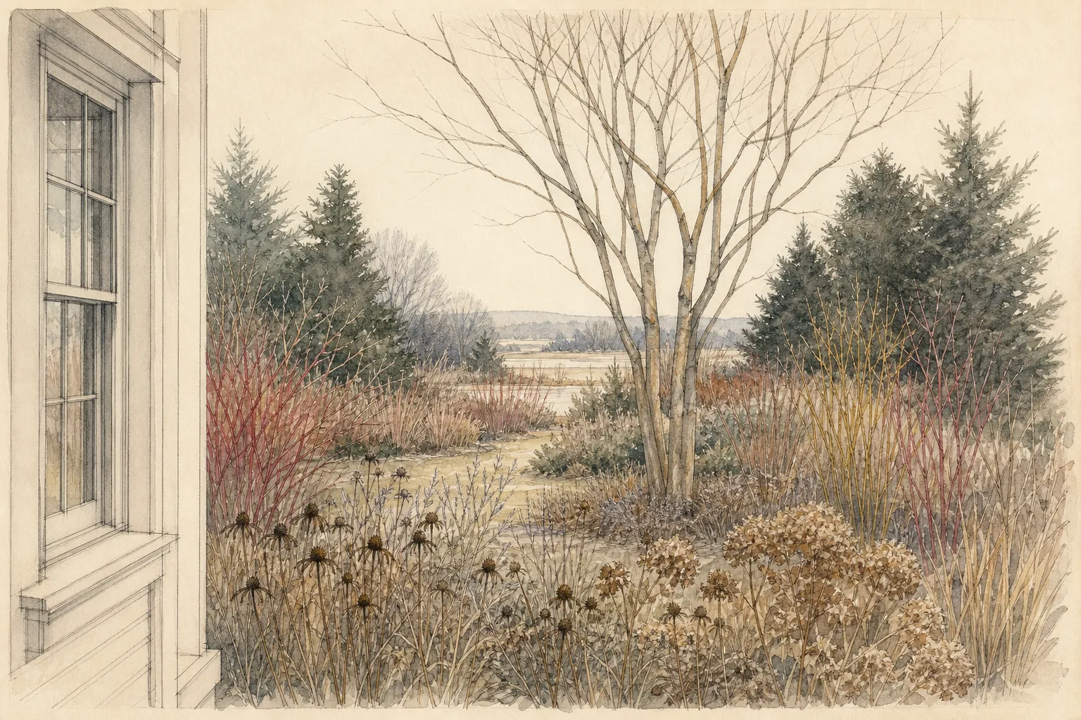 Measured elevation from a chair through a window showing sill height, eye line, mature plant outlines, and daylight opening