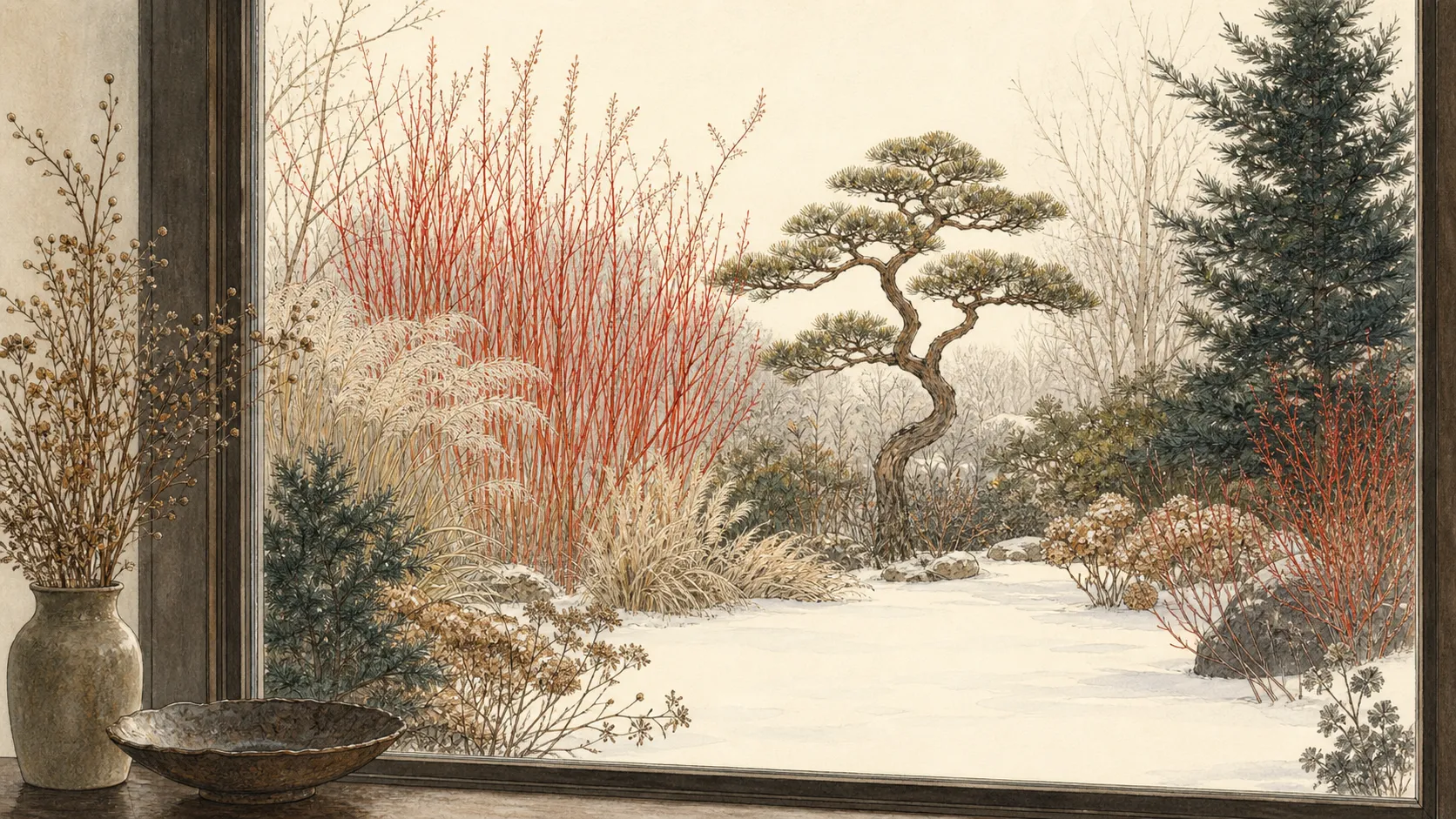 Winter garden seen through a sitting-room window with layered shrubs, pale grasses, bark, and one flowering focal plant