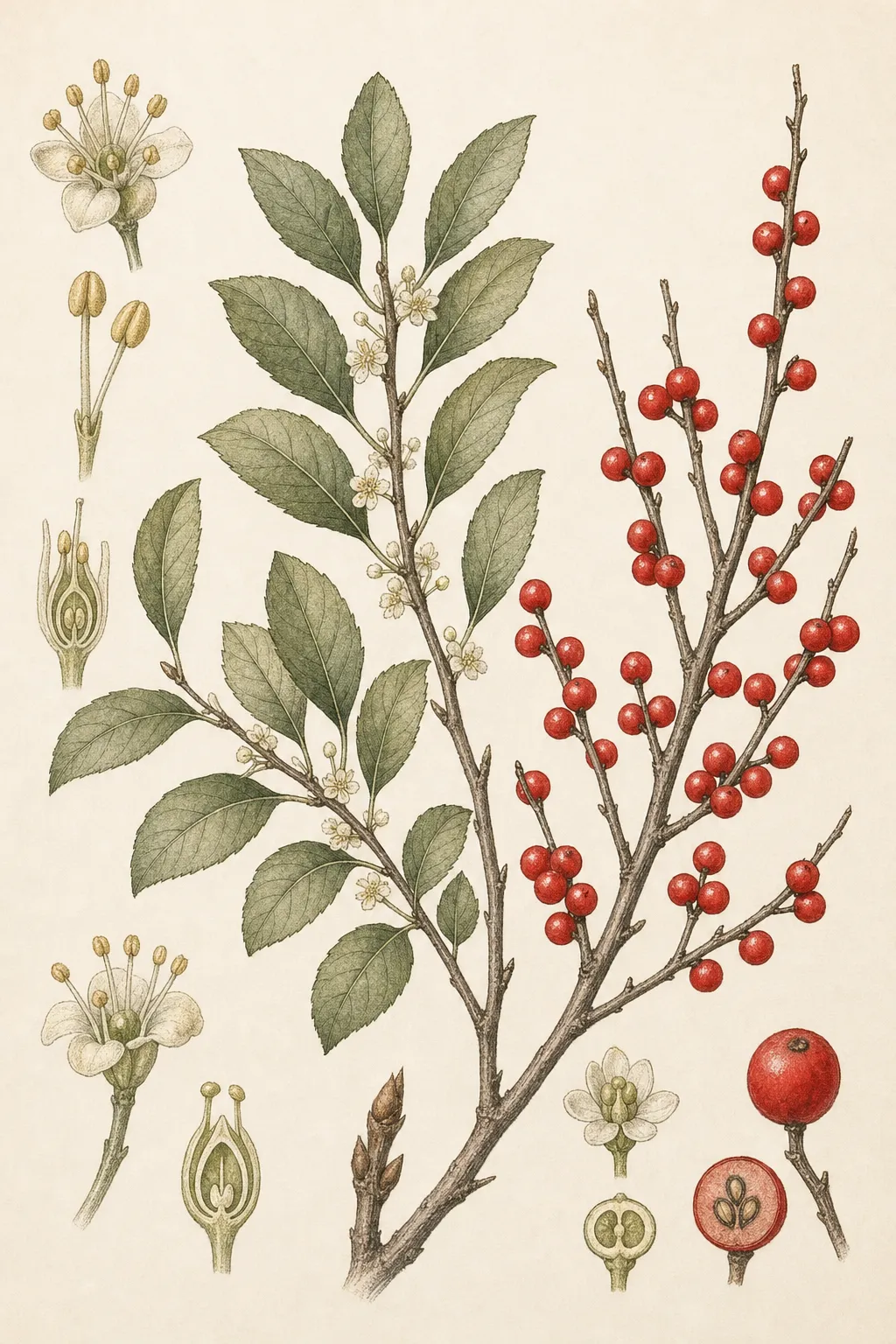 Botanical plate of winterberry holly with leafy flowering twig, male and female flower details, bare berrying branch, and fruit section