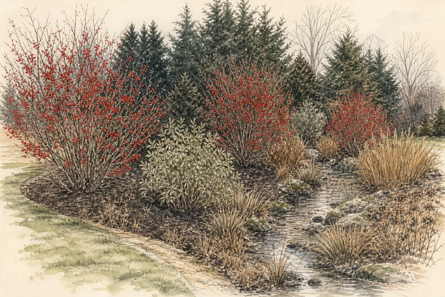 Winterberry hollies carrying red fruit in a moist ornamental swale with evergreen background and open maintenance access